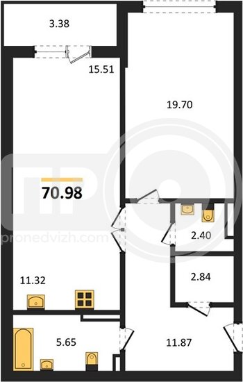 Миниатюра 1-комнатная квартира, 70.98кв.м