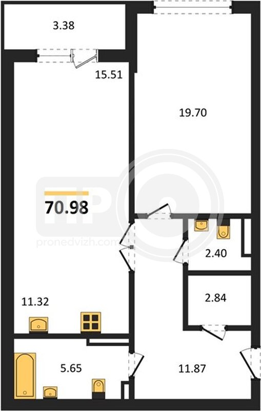 1-комнатная квартира, 70.98кв.м