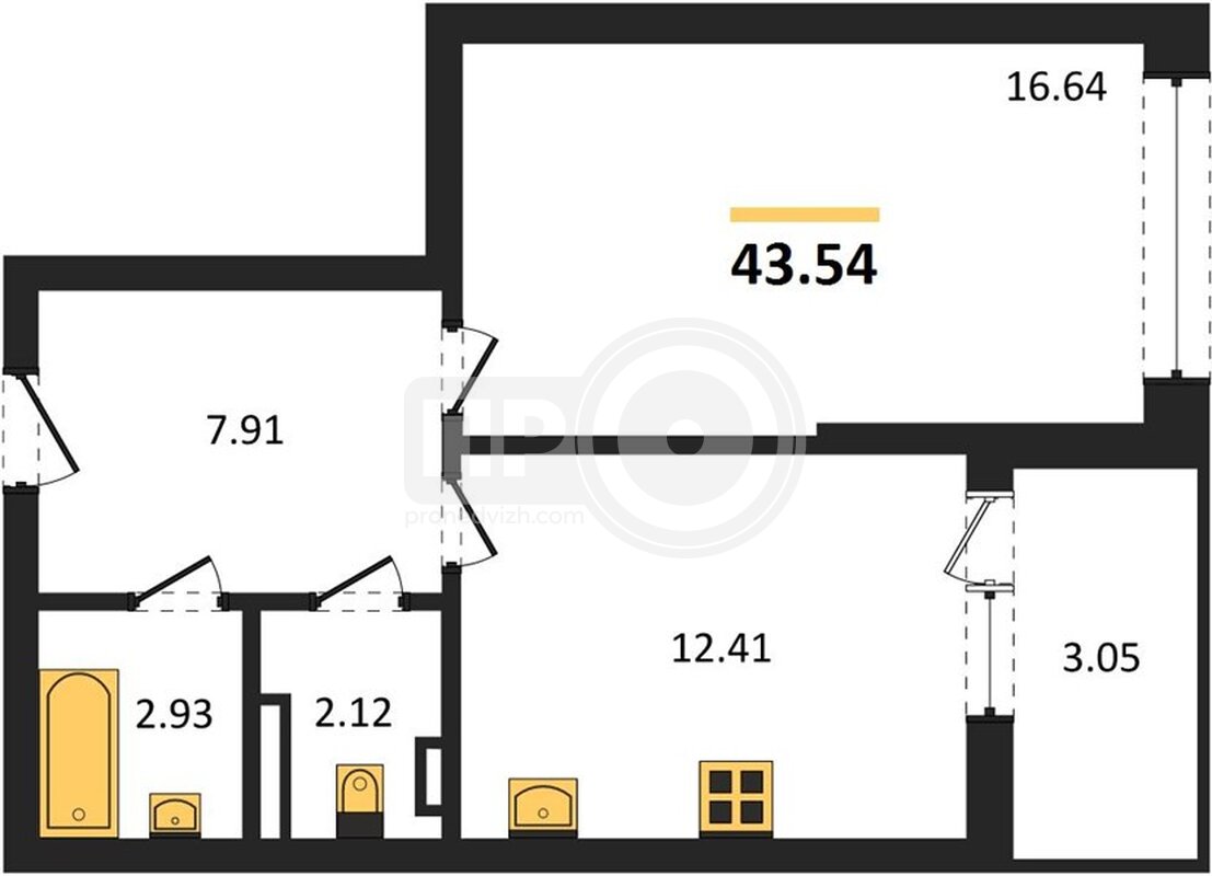 1-комнатная квартира, 43.54кв.м