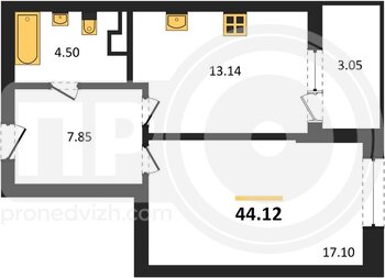 Миниатюра 1-комнатная квартира, 44.12кв.м