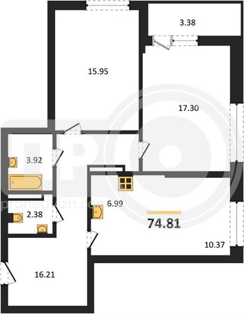 Миниатюра 2-комнатная квартира, 74.81кв.м