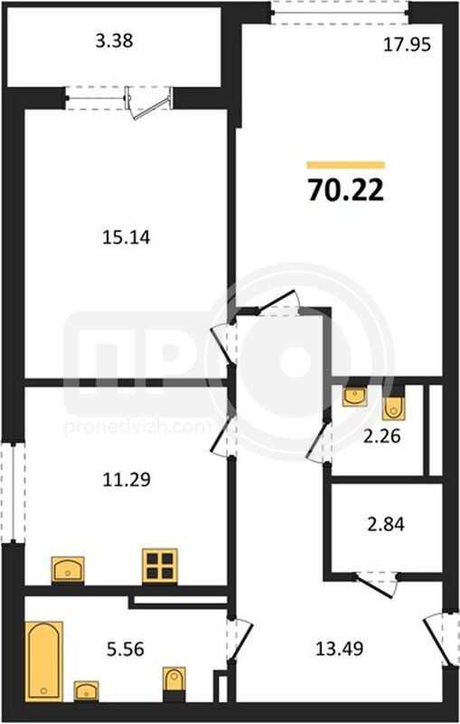 2-комнатная квартира, 70.22кв.м
