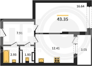 Миниатюра 1-комнатная квартира, 43.35кв.м