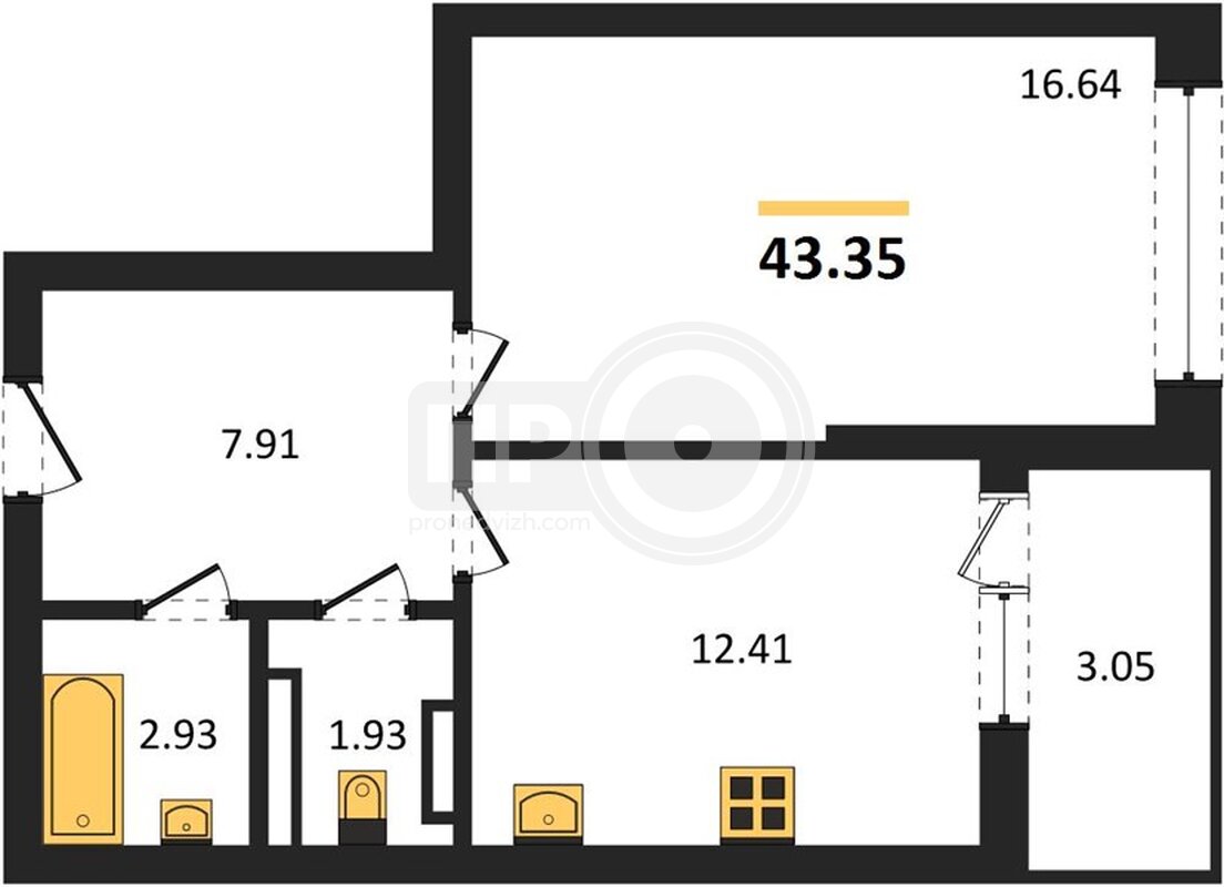 1-комнатная квартира, 43.35кв.м