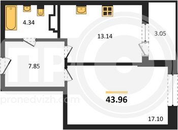 Миниатюра 1-комнатная квартира, 43.96кв.м