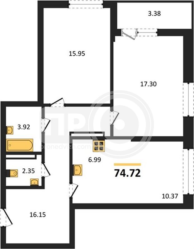 2-комнатная квартира, 74.72кв.м