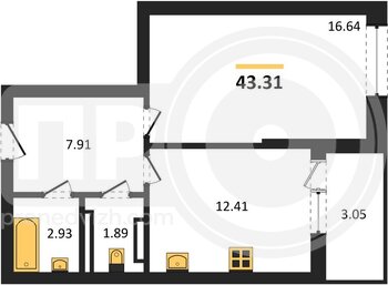Миниатюра 1-комнатная квартира, 43.31кв.м