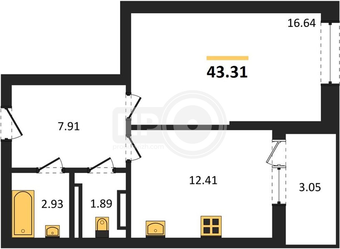 1-комнатная квартира, 43.31кв.м