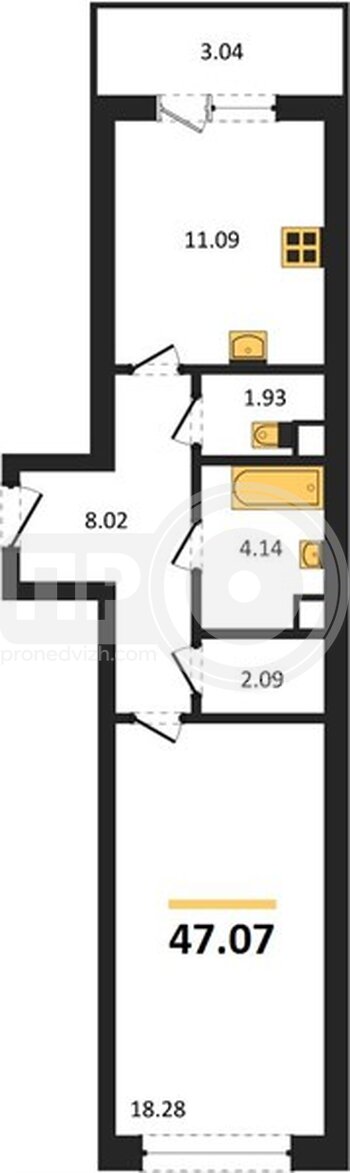 Миниатюра 1-комнатная квартира, 47.07кв.м