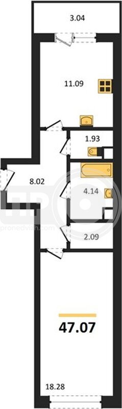1-комнатная квартира, 47.07кв.м