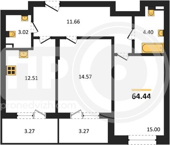 Миниатюра 2-комнатная квартира, 64.44кв.м