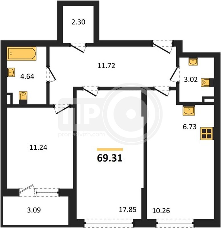2-комнатная квартира, 69.31кв.м
