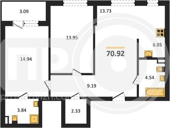 Миниатюра 2-комнатная квартира, 70.92кв.м