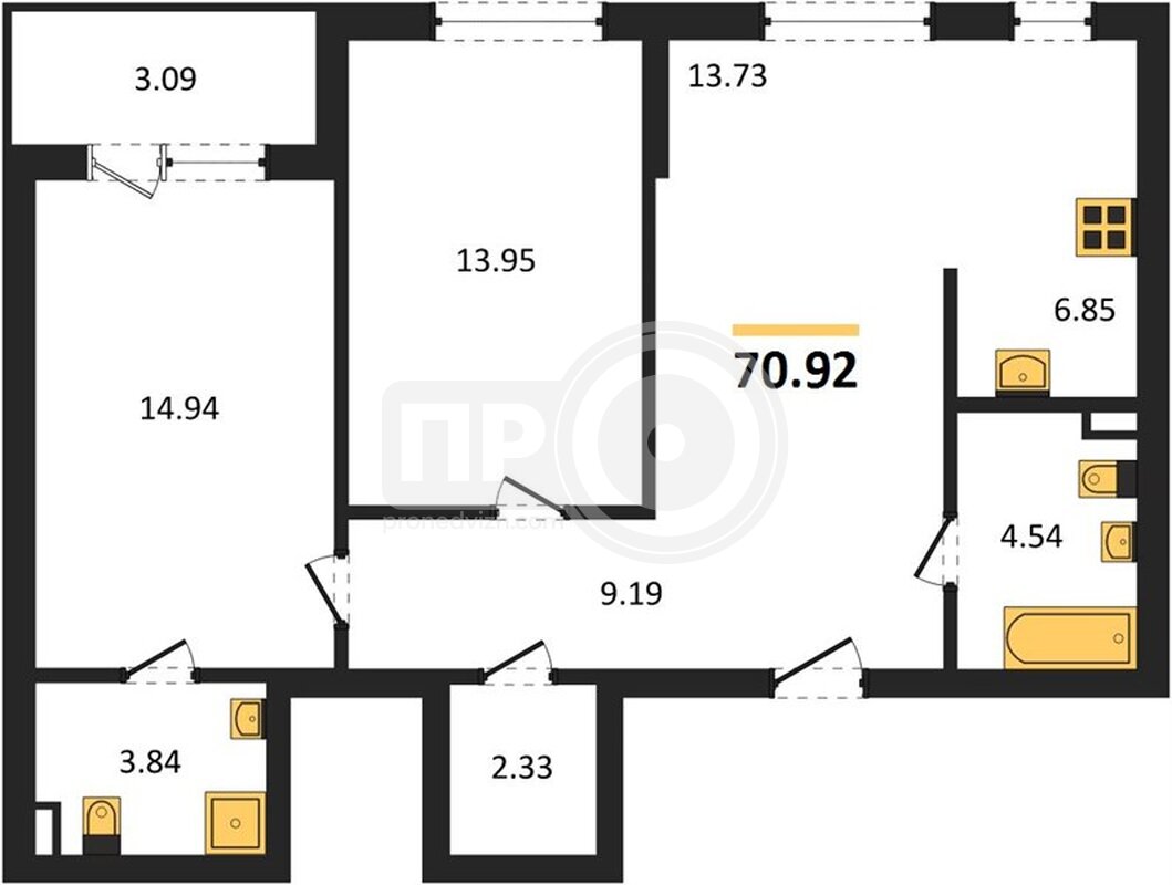 2-комнатная квартира, 70.92кв.м