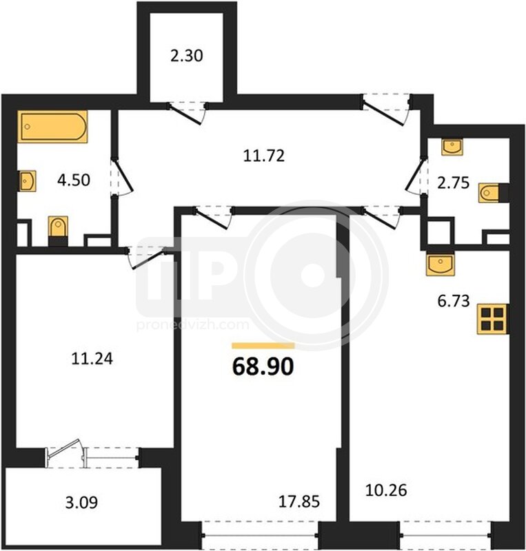 2-комнатная квартира, 68.9кв.м