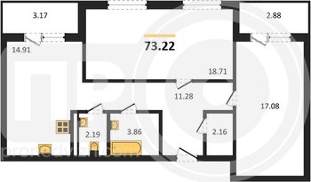 Миниатюра 2-комнатная квартира, 73.22кв.м