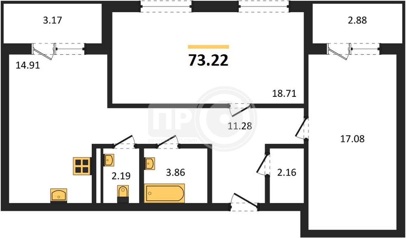2-комнатная квартира, 73.22кв.м