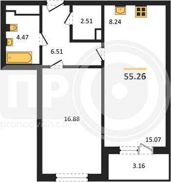 Миниатюра 1-комнатная квартира, 55.26кв.м
