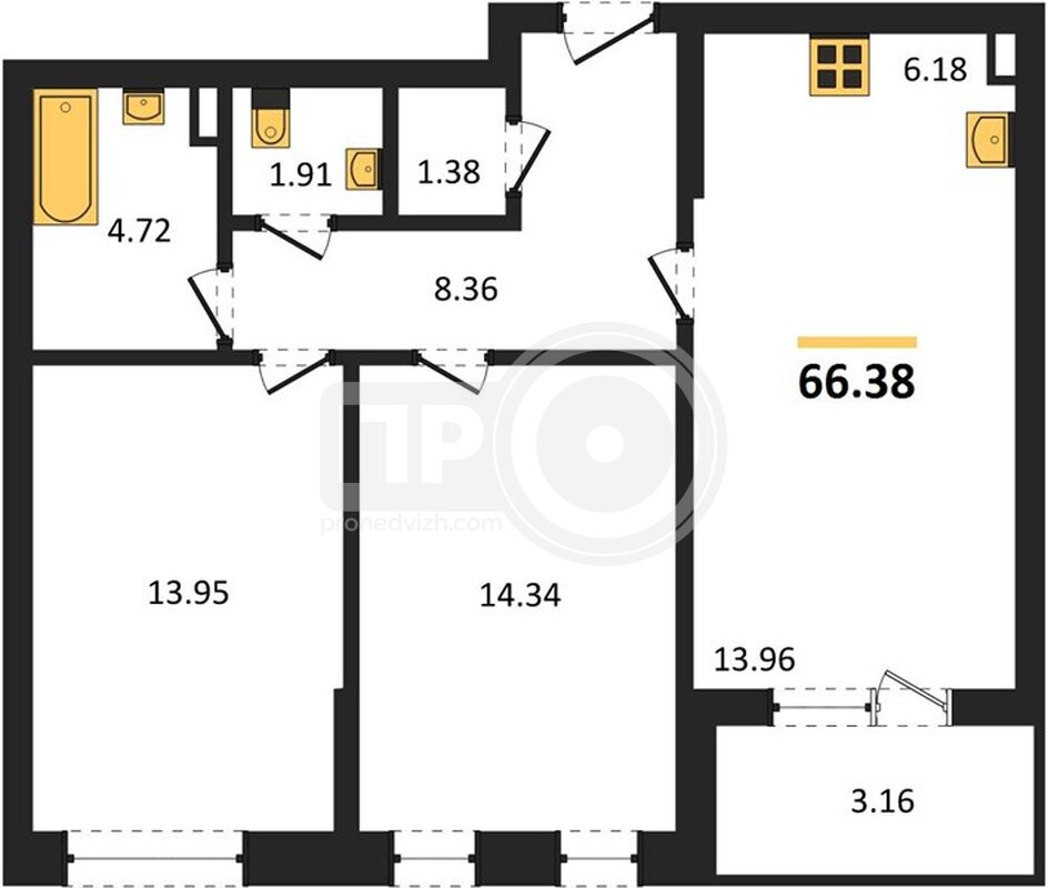 2-комнатная квартира, 66.38кв.м