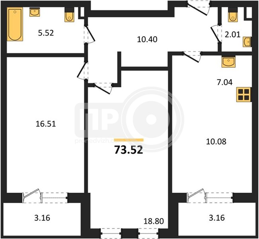 2-комнатная квартира, 73.52кв.м