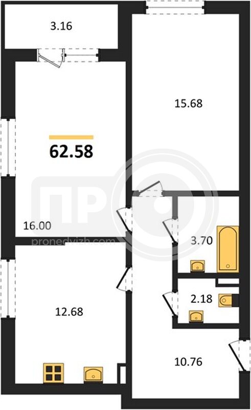 2-комнатная квартира, 62.58кв.м
