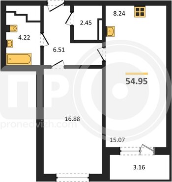 Миниатюра 1-комнатная квартира, 54.95кв.м