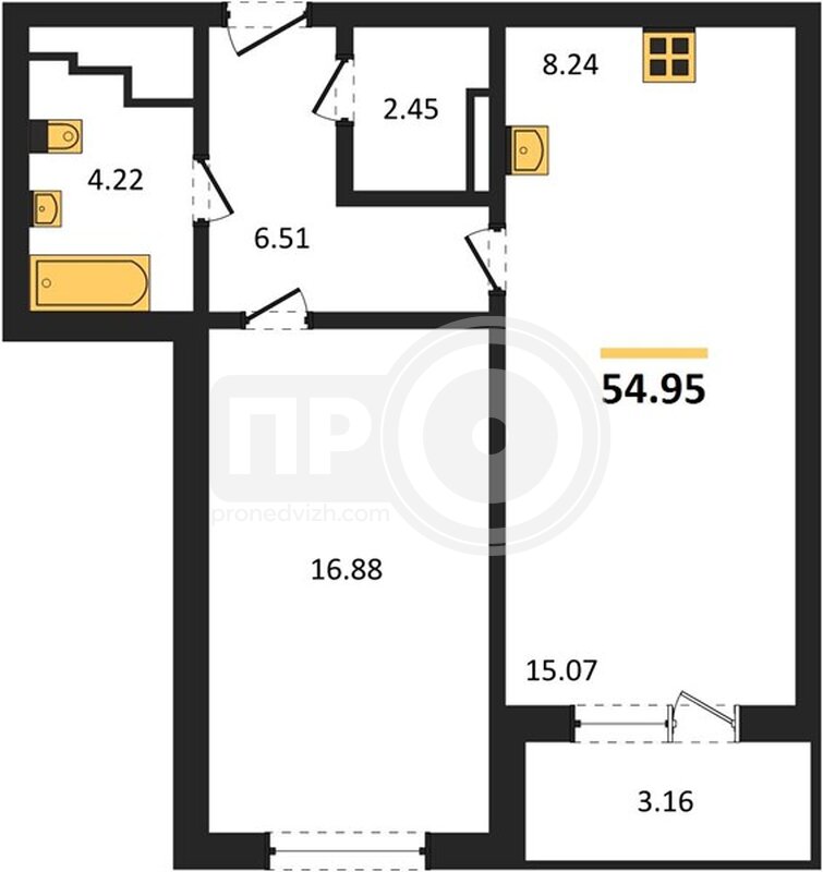 1-комнатная квартира, 54.95кв.м