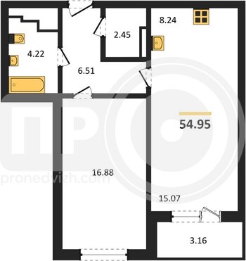 Миниатюра 1-комнатная квартира, 54.95кв.м