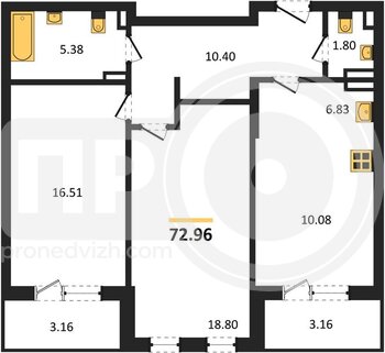 Миниатюра 2-комнатная квартира, 72.96кв.м