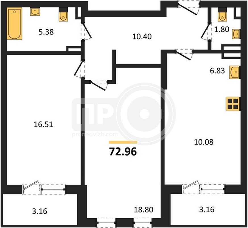 2-комнатная квартира, 72.96кв.м