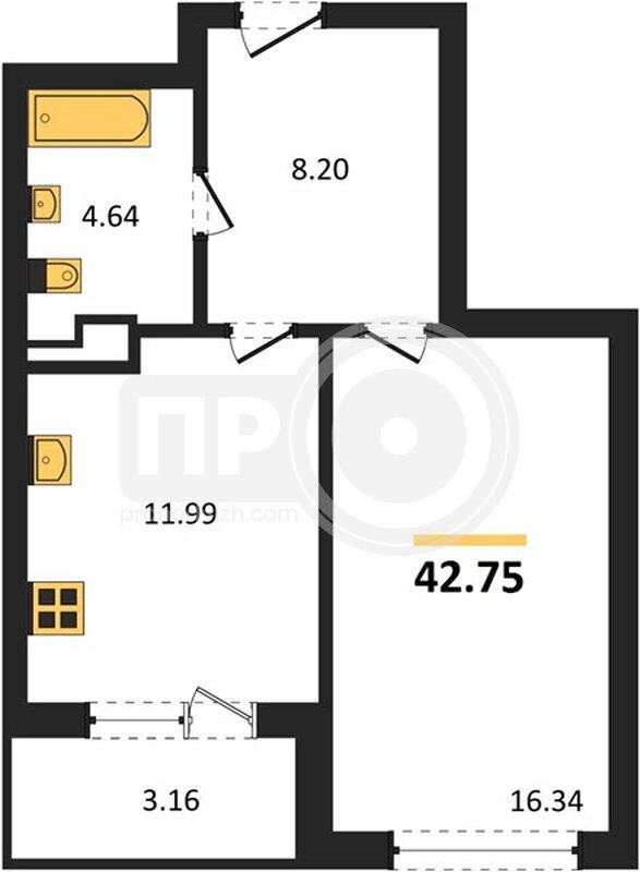 1-комнатная квартира, 42.75кв.м