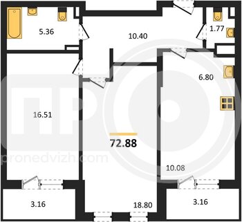 Миниатюра 2-комнатная квартира, 72.88кв.м