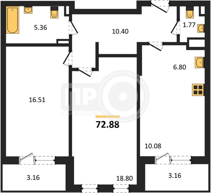 2-комнатная квартира, 72.88кв.м