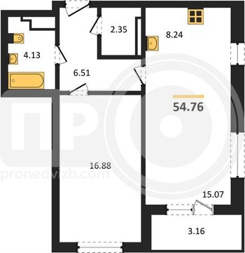 Миниатюра 1-комнатная квартира, 54.76кв.м