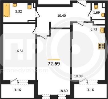 Миниатюра 2-комнатная квартира, 72.69кв.м