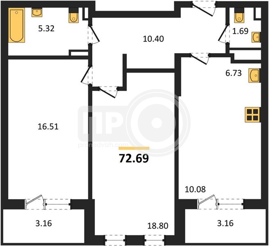 2-комнатная квартира, 72.69кв.м