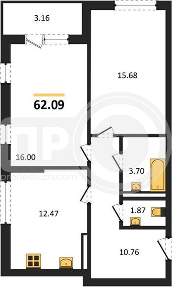 Миниатюра 2-комнатная квартира, 62.09кв.м