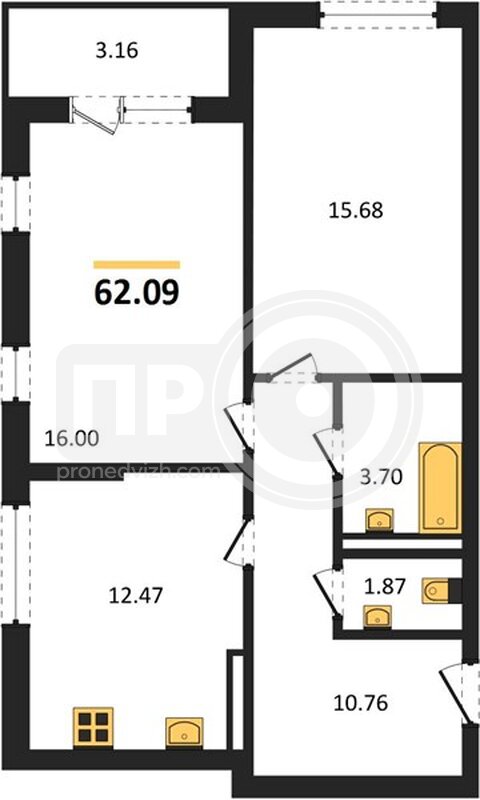 2-комнатная квартира, 62.09кв.м