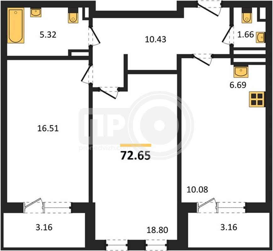 2-комнатная квартира, 72.65кв.м