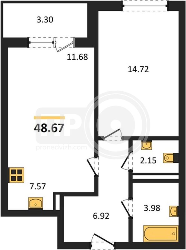 1-комнатная квартира, 48.67кв.м