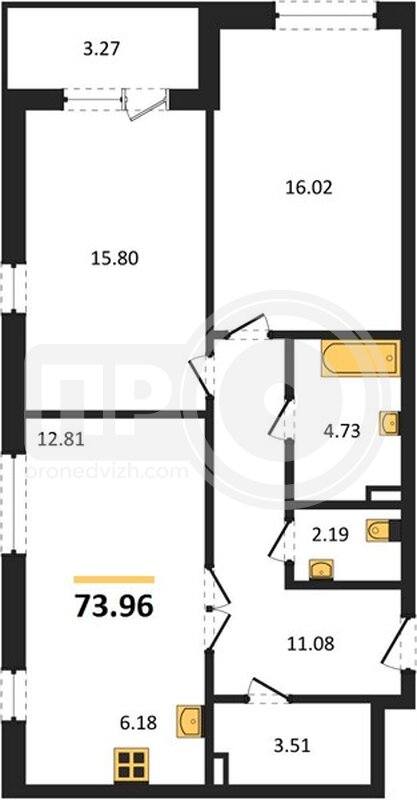 2-комнатная квартира, 73.96кв.м