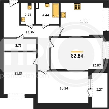 Миниатюра 3-комнатная квартира, 82.84кв.м