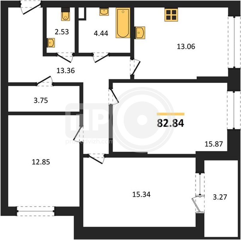 3-комнатная квартира, 82.84кв.м