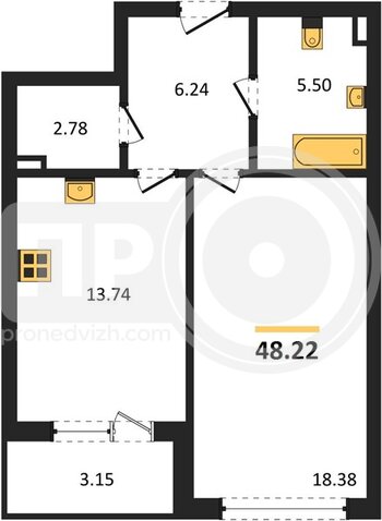 Миниатюра 1-комнатная квартира, 48.22кв.м
