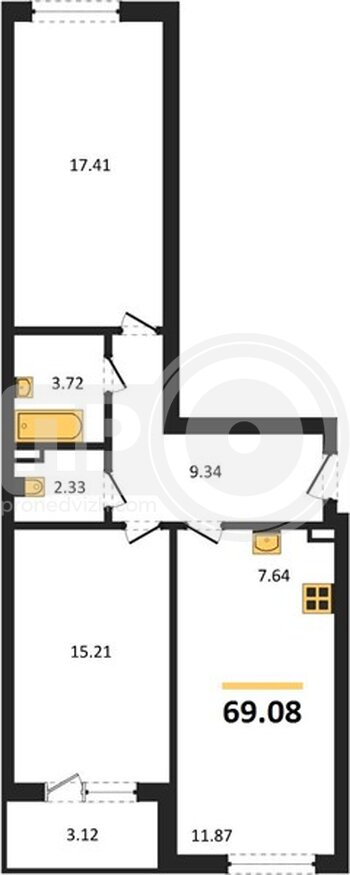 Миниатюра 2-комнатная квартира, 69.08кв.м