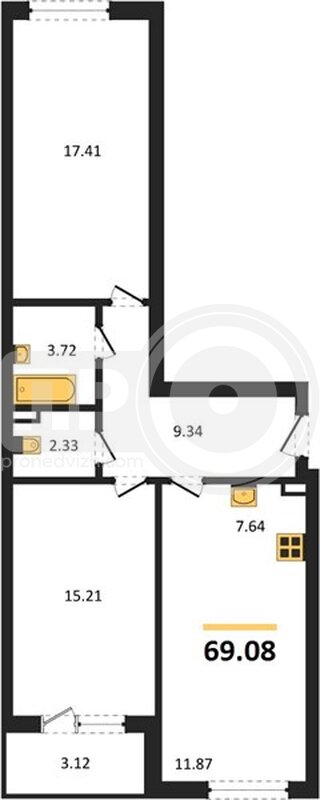 2-комнатная квартира, 69.08кв.м