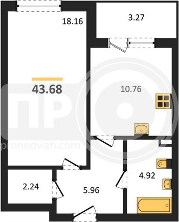 Миниатюра 1-комнатная квартира, 43.68кв.м