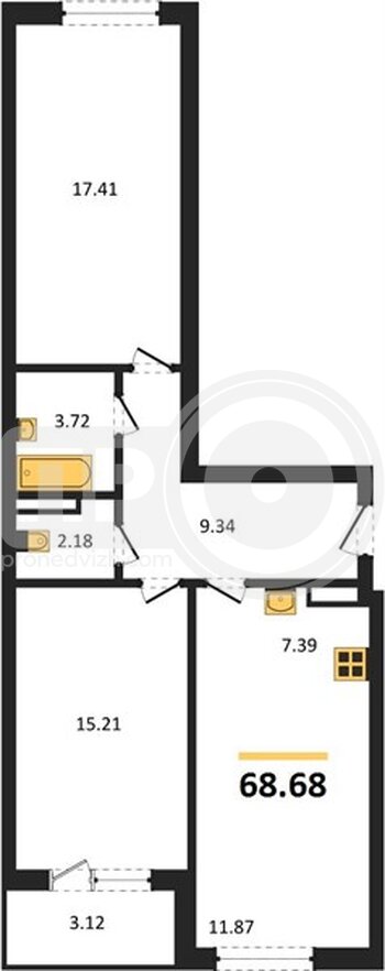 Миниатюра 2-комнатная квартира, 68.68кв.м