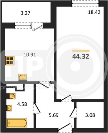 Миниатюра 1-комнатная квартира, 44.32кв.м