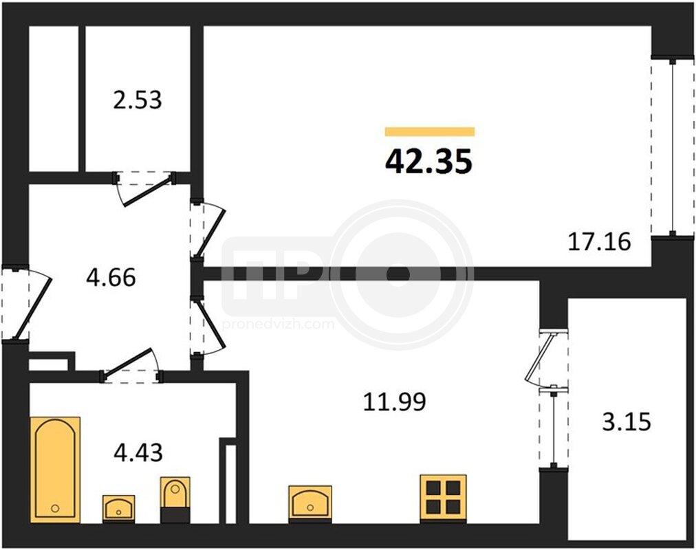 1-комнатная квартира, 42.35кв.м